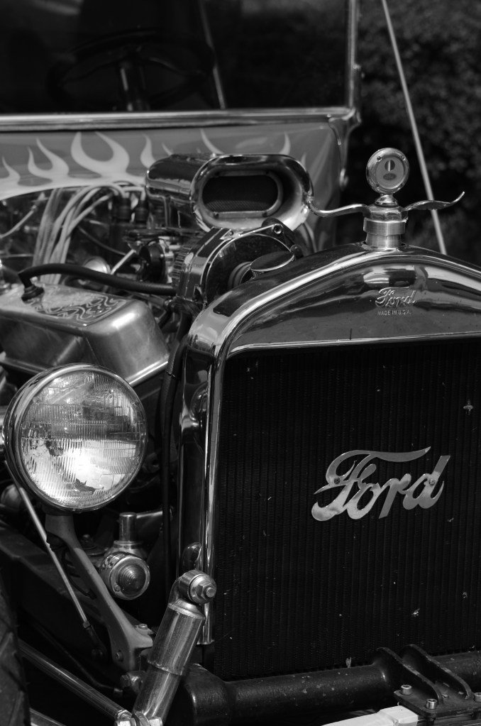 a vintage ford on fire